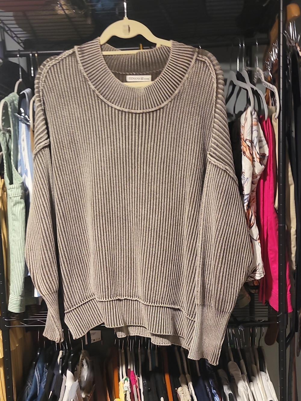 Zenana Outfitters Ovsersived Ribbed Scoop Crewneck Sweater in Taupe